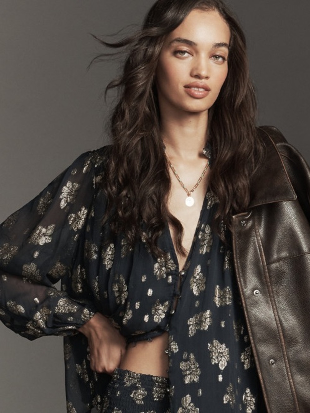 Anthropologie The Estela Sheer Embellished Blouse Small Navy Blue Floral Boho